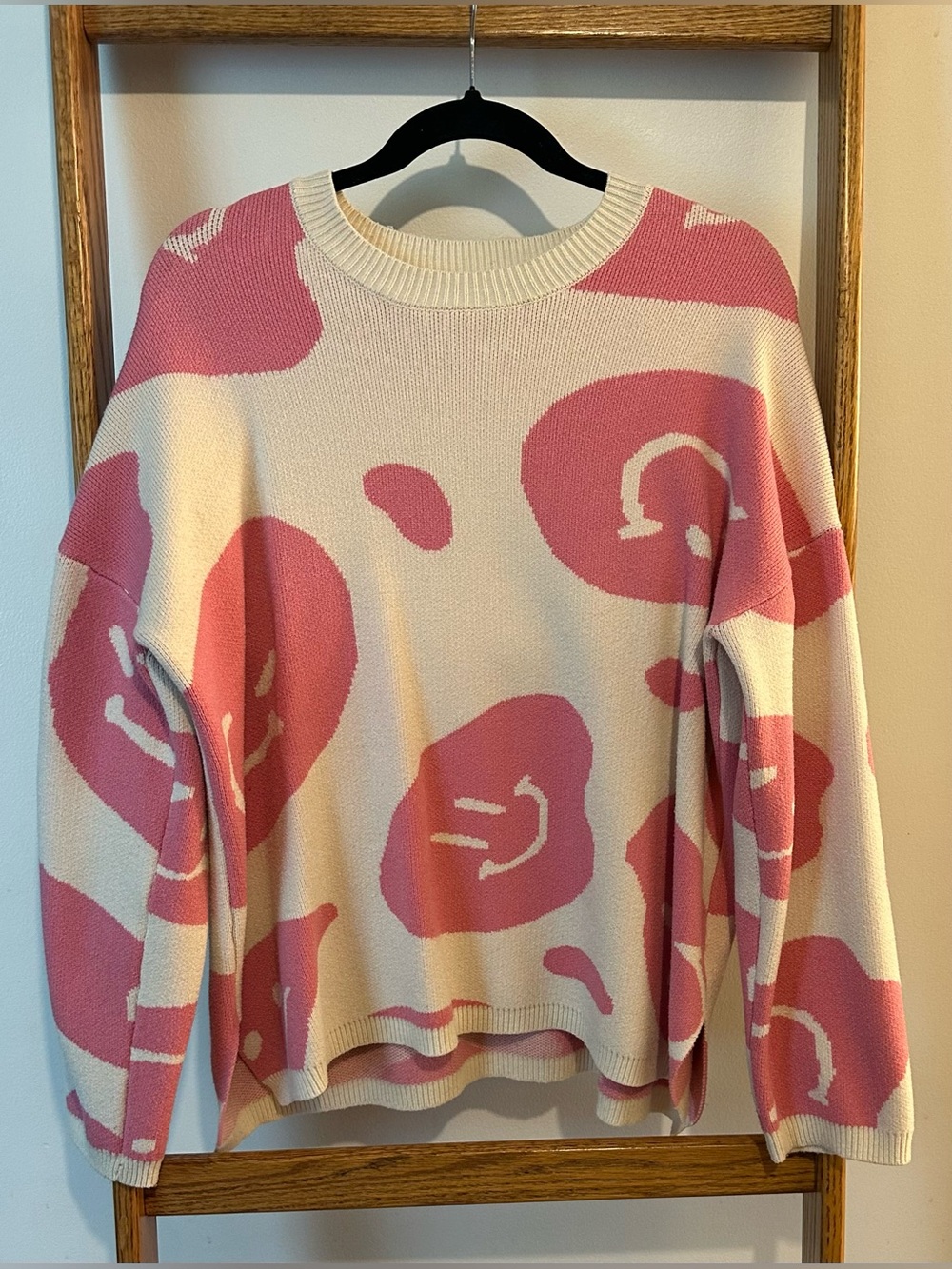 Relaxed Fit Cream With Pink Smiley Face Sweater
